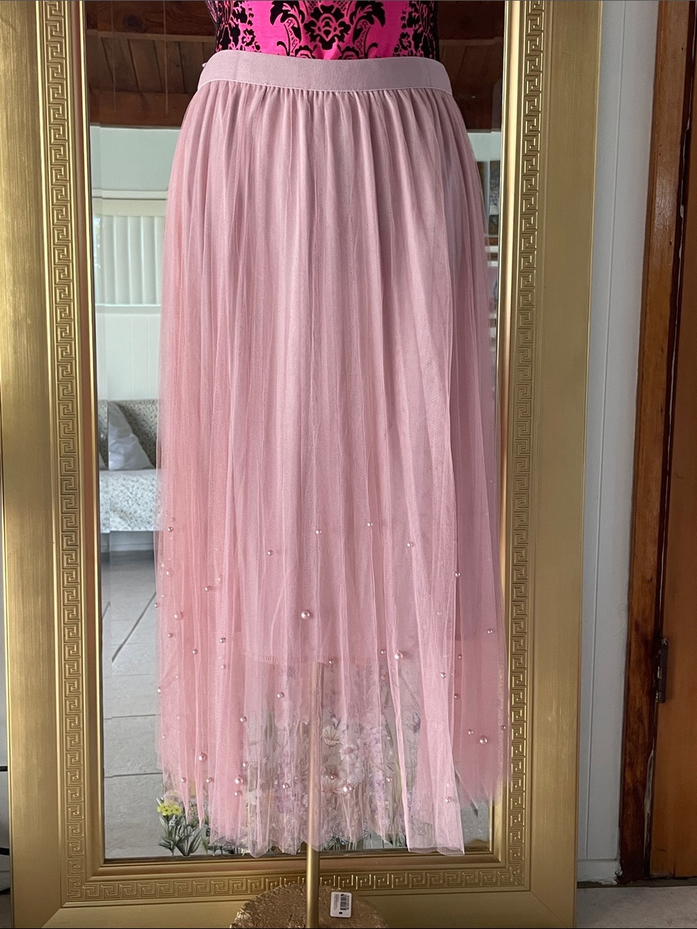 Light Pink Pearl-Embellished Maxi Tulle Skirt